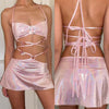 Glitter Pink Two Piece Set Fairy Crop Top Mini Skirt Summer Clothes Club Rave Festival Outfit