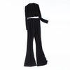 Two Piece Set Women Tracksuits Sweet Suits Knitted  Basic Crop Top High Waist Casual Flare Pants Outfits
