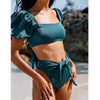 Sexy Bikini 2022 New 2 Piece Women Swimsuit Solid Color Short Puff Sleeve Summer High Waist Cut Backless Bathing Suit Beachwear
