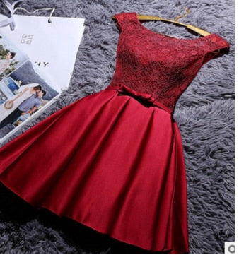 New Short Evening Dress Satin Lace Wine Red Grey A-line Bride Party Formal Dress Homecoming Graduation Dresses