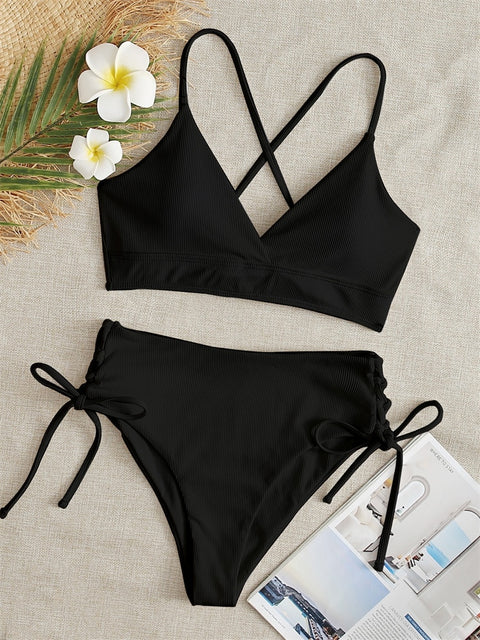 Sexy Bikini Women Swimsuit 2022 New Black Lace Up Ribbed Swimwear High Waist Bikinis Set Summer Beach Bathing Suit For Female XL