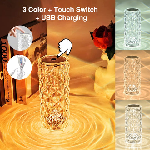 LED Crystal Table Lamp Rose Light Projecto 3/16 Colors Touch Adjustable Romantic Diamond Atmosphere Light USB Touch Night Light