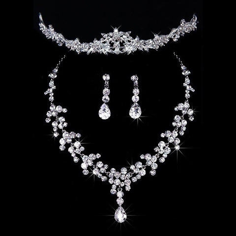 Rhinestone Diamond Necklace Earrings Tiara Set