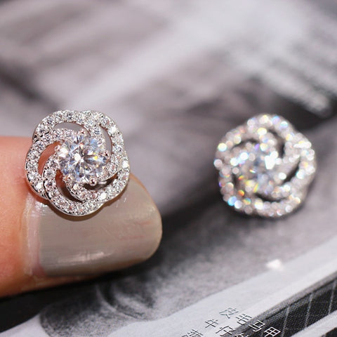 Sterling Silver Twist Stack-able Rose Flower Zircon Crystal Stud Earrings for Women