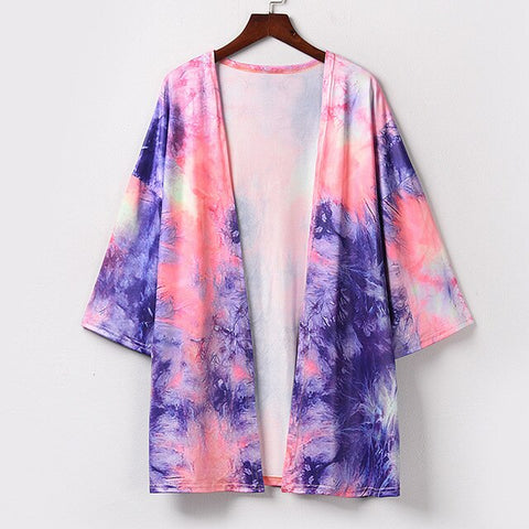 Summer loose tie-dye cardigan Women Printing Chiffon Beach Kimono Long  Blouse Shawl