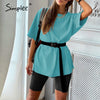Lazy Sunday Casual Solid Two-Piece Set with Belt Loungewear