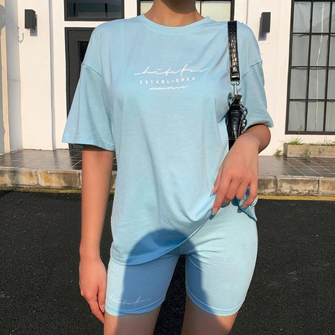 Summer Casual Women Set 2020 Short Sleeve Top Shirt And Biker Shorts