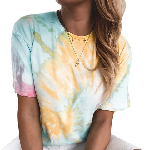Tie-Dye Printed Shirt Blouse Summer Short Sleeve Women Tops