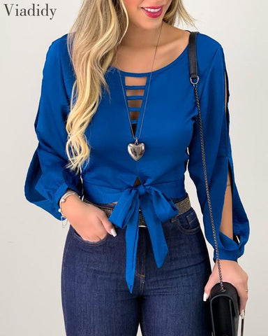 Women Solid Color Tie Front Top Long Sleeve Cut Out Hollow Out Blouse