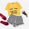 The Bae Black Graphic Tee with Frilled Striped Shorts 2-Piece Set