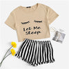 The Bae Black Graphic Tee with Frilled Striped Shorts 2-Piece Set